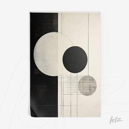abstract wall art in black and white featuring circles on a light background with subtle geometric lines