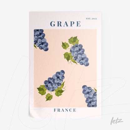 poster print featuring illustrations of blue grapes on a soft pink background with text 'GRAPE' and 'FRANCE'