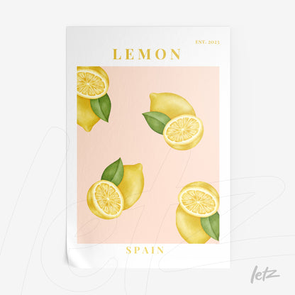 framed wall art featuring digital illustration of sliced and whole lemons on pink background with yellow accents and 'LEMON' text at the top