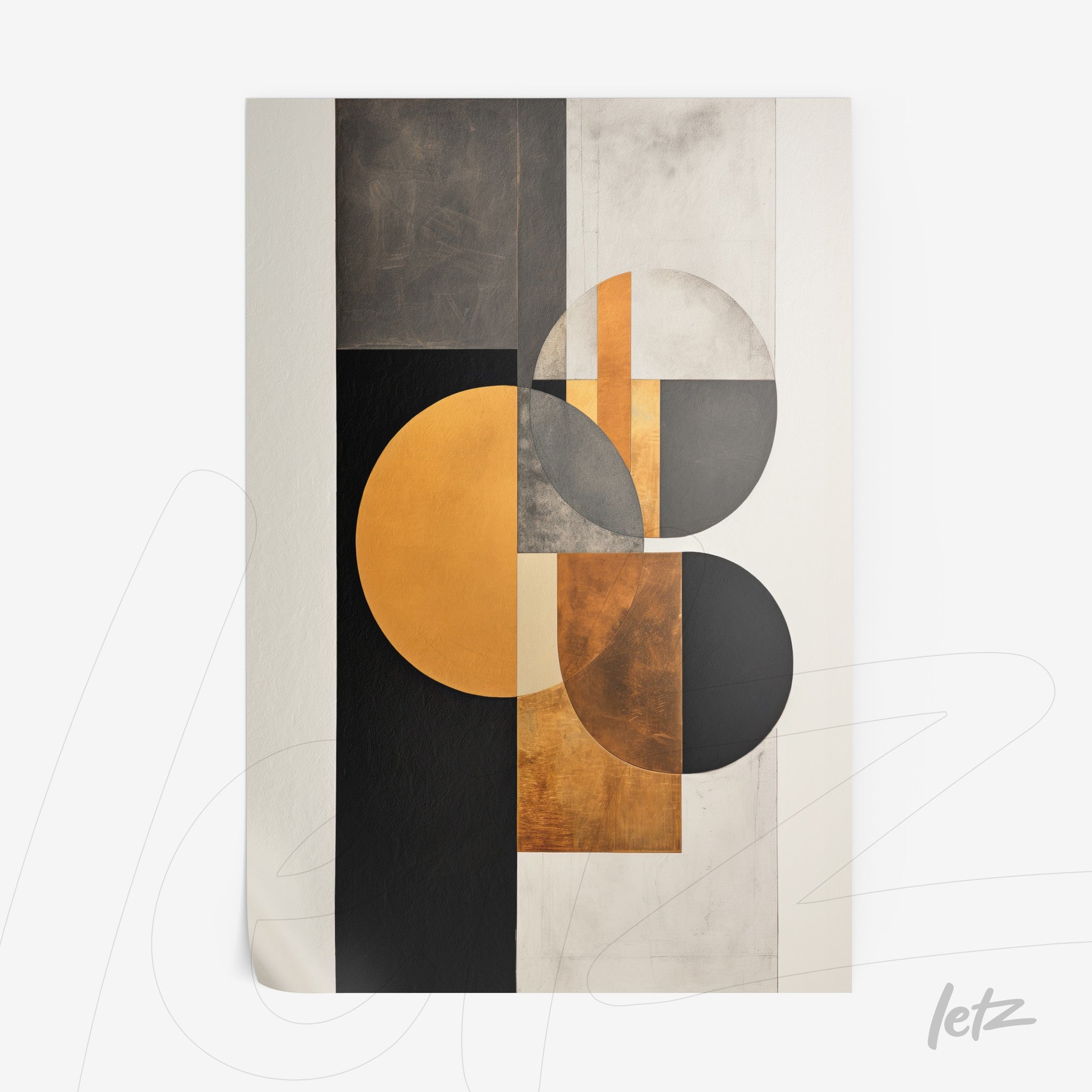 abstract wall art featuring black, white, and gold tones with geometric shapes like circles and rectangles