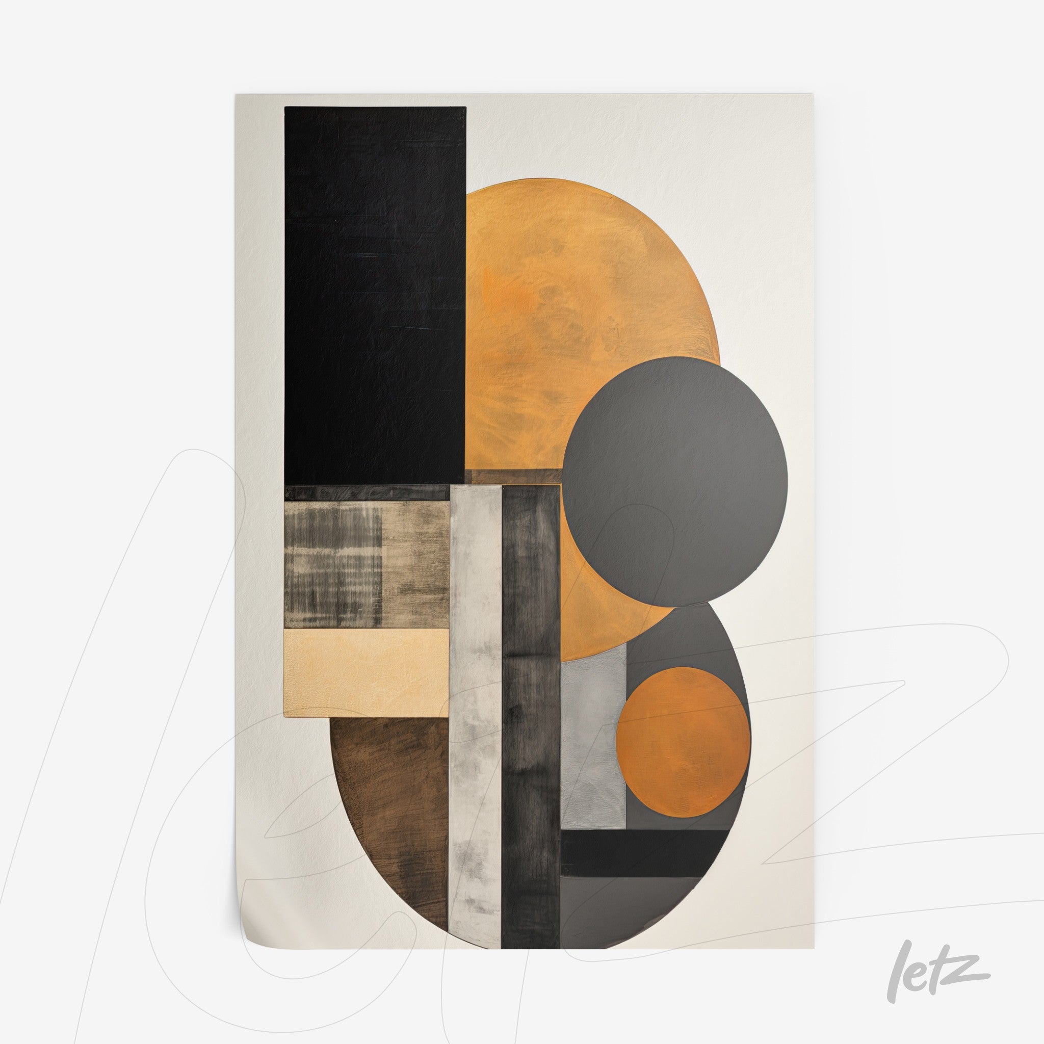 abstract geometric wall art in shades of orange, black, and gray featuring distinct circular and rectangular shapes