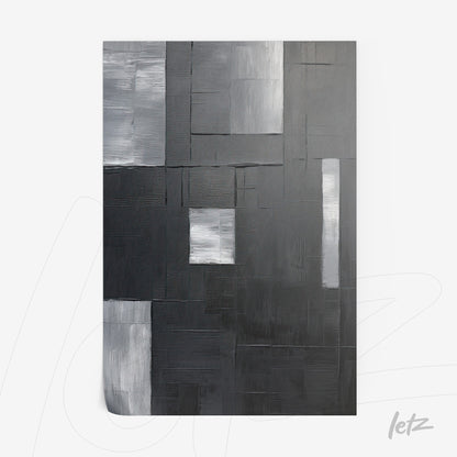 canvas wall art featuring abstract design in black, gray, and white tones with varied textures