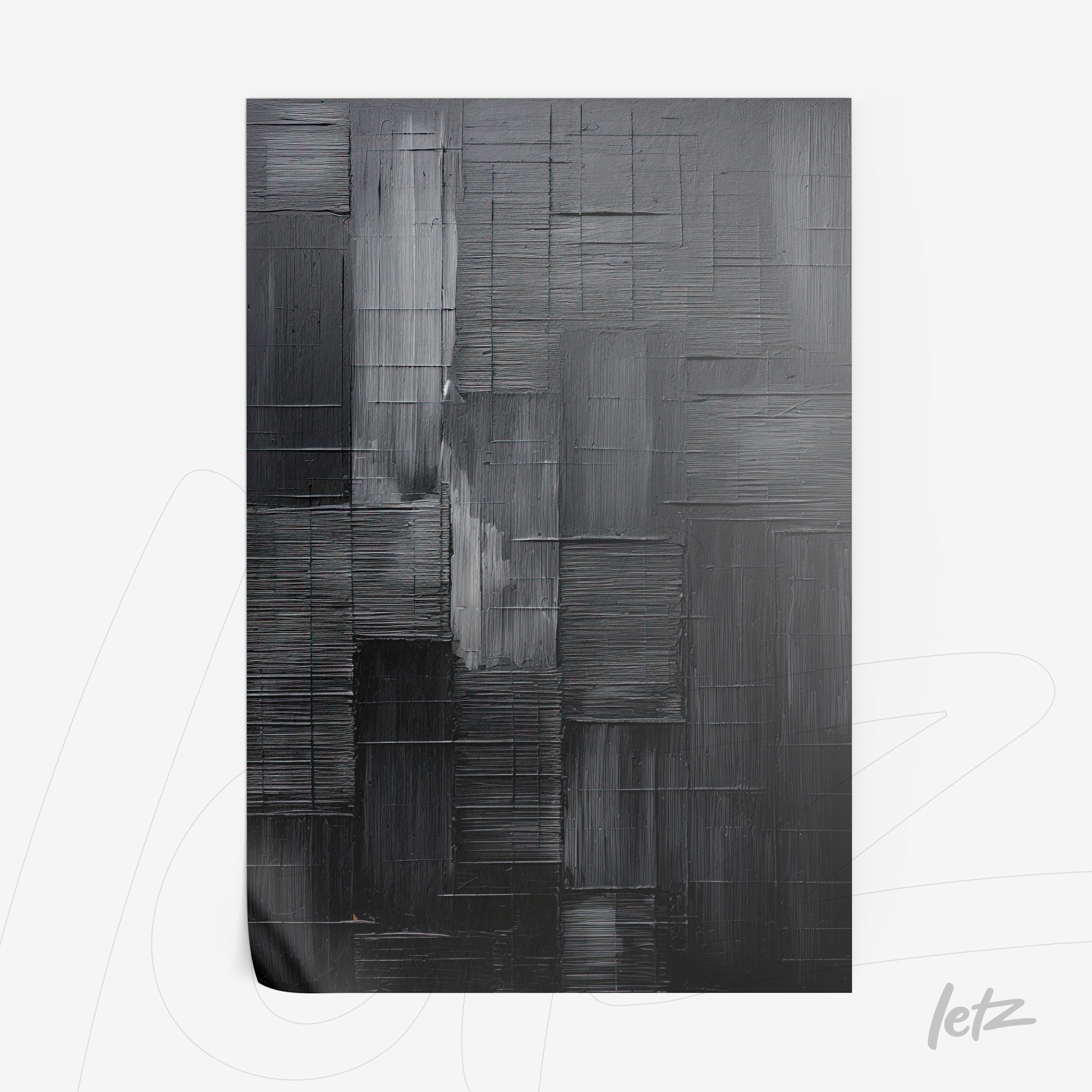 abstract wall art in shades of black and gray featuring linear texture