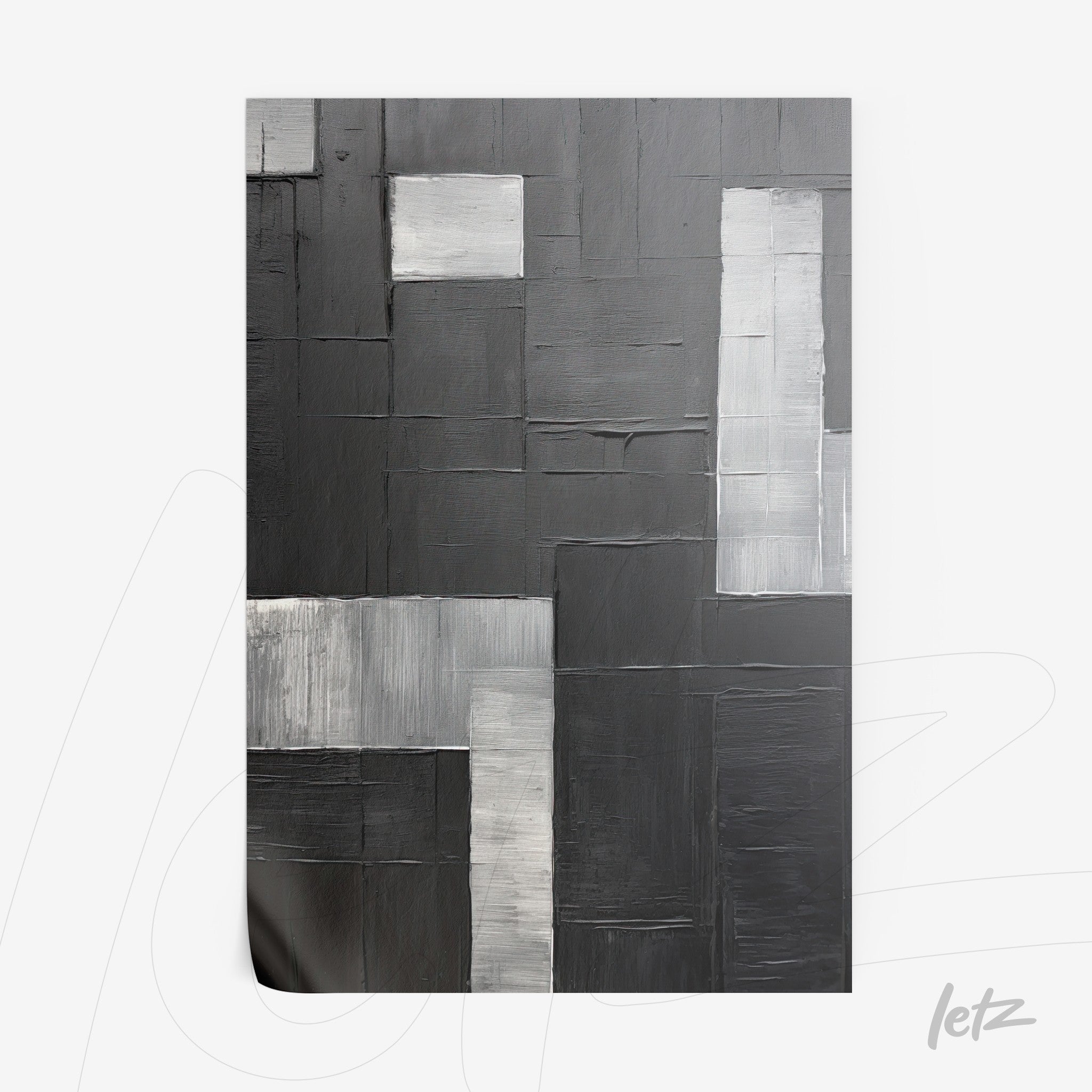 canvas wall art featuring an abstract composition of geometric shapes in black and silver tones
