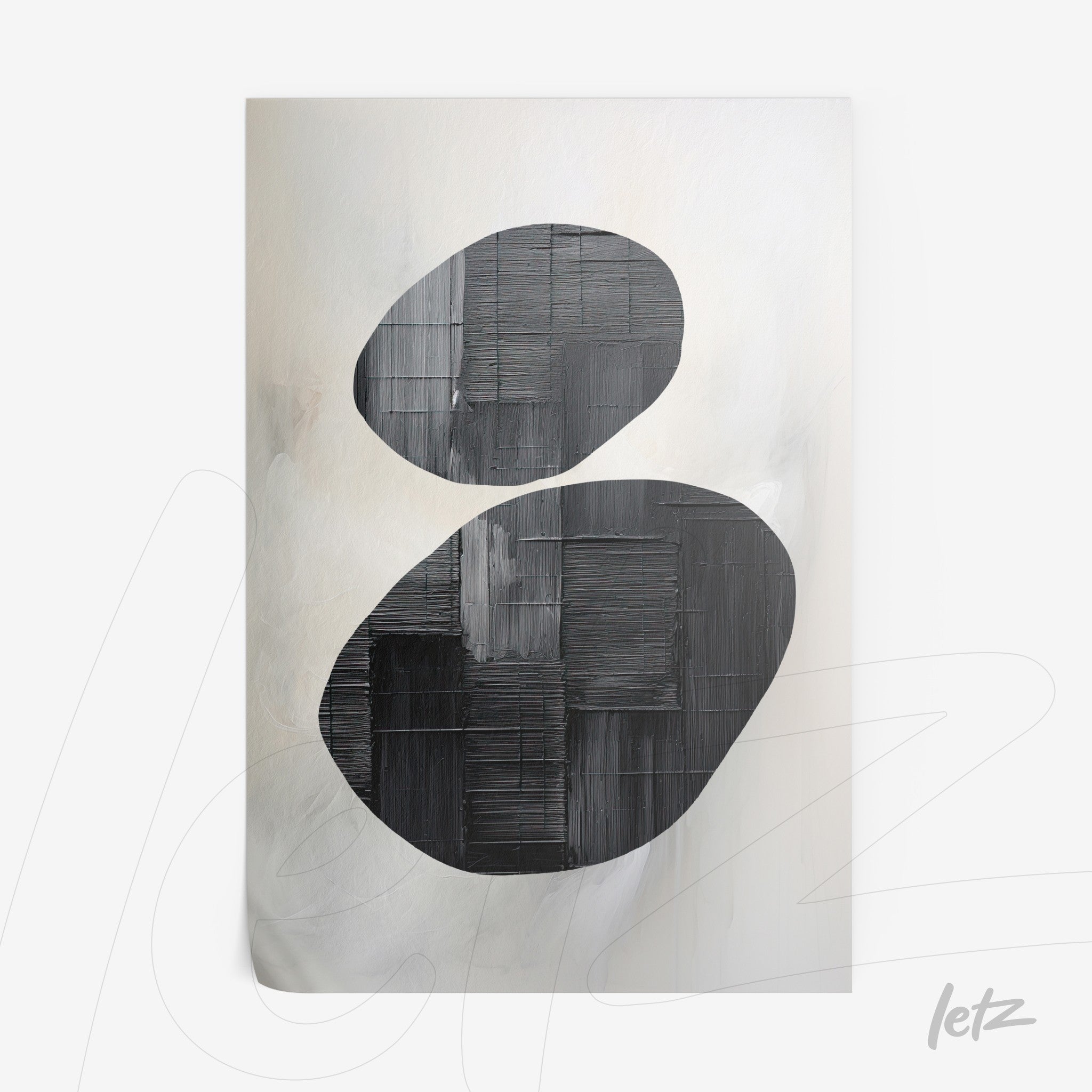 abstract canvas art featuring black oval shapes on a light background