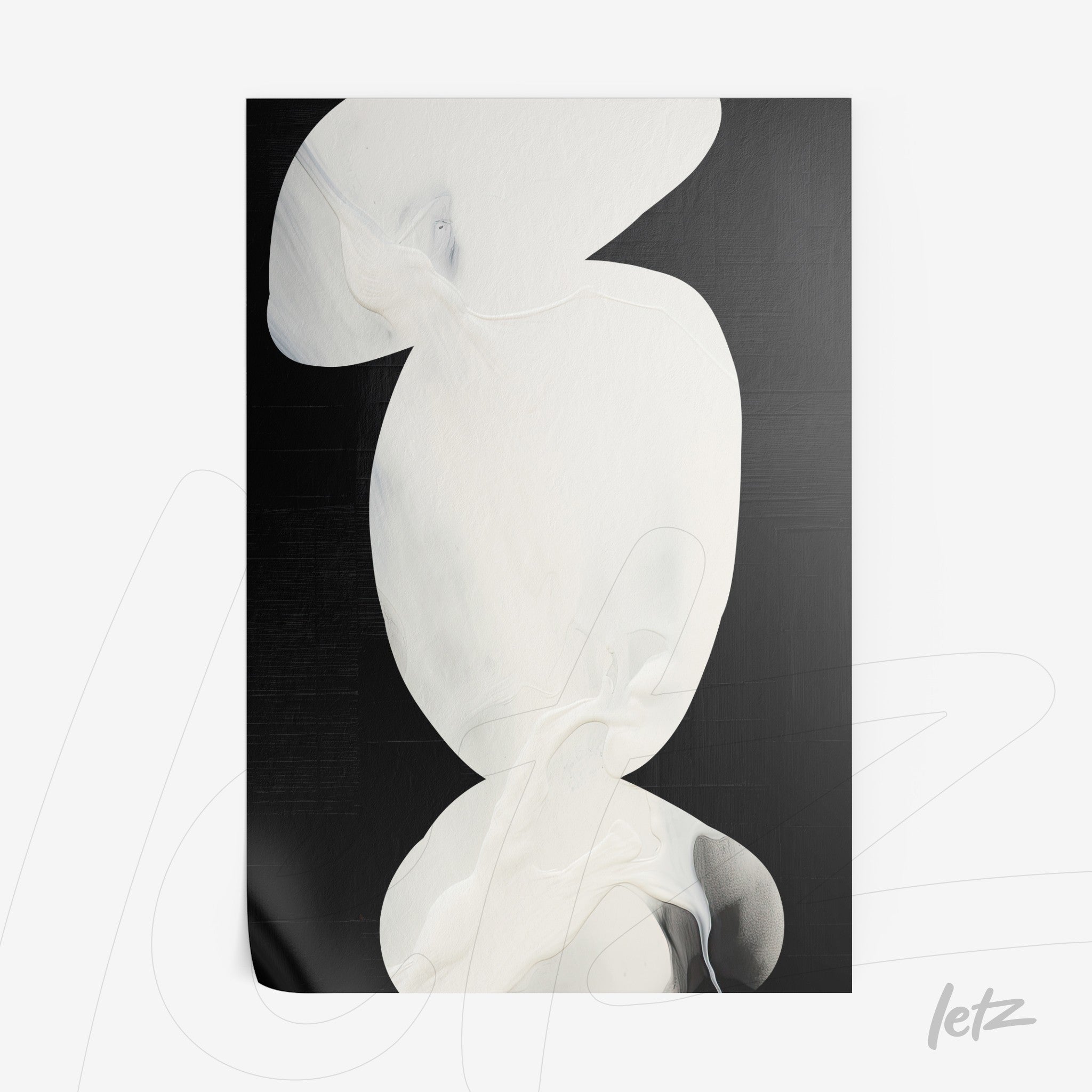 abstract art print in black and white featuring fluid and smooth shapes on a textured background