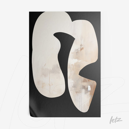 abstract artwork featuring organic shapes in neutral tones on black background