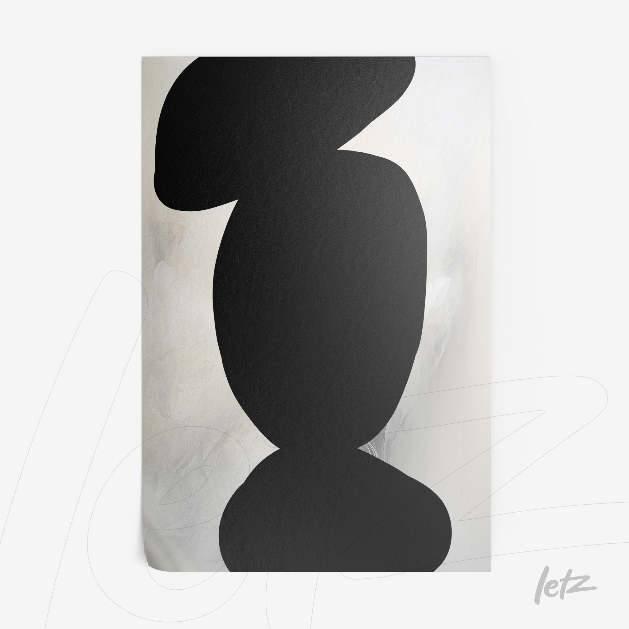framed abstract wall art in black and white featuring organic shapes on a soft background