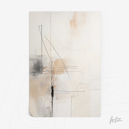abstract art piece featuring geometric shapes in neutral tones with black lines