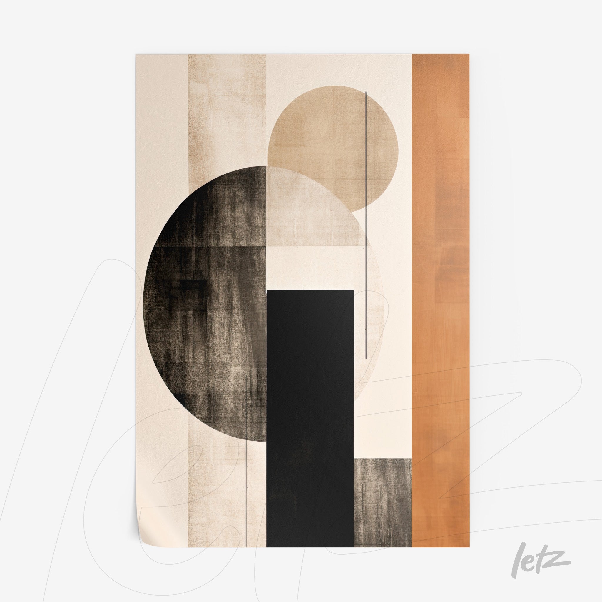 abstract wall art featuring earthy tones and geometric shapes including circles and rectangles on a light background