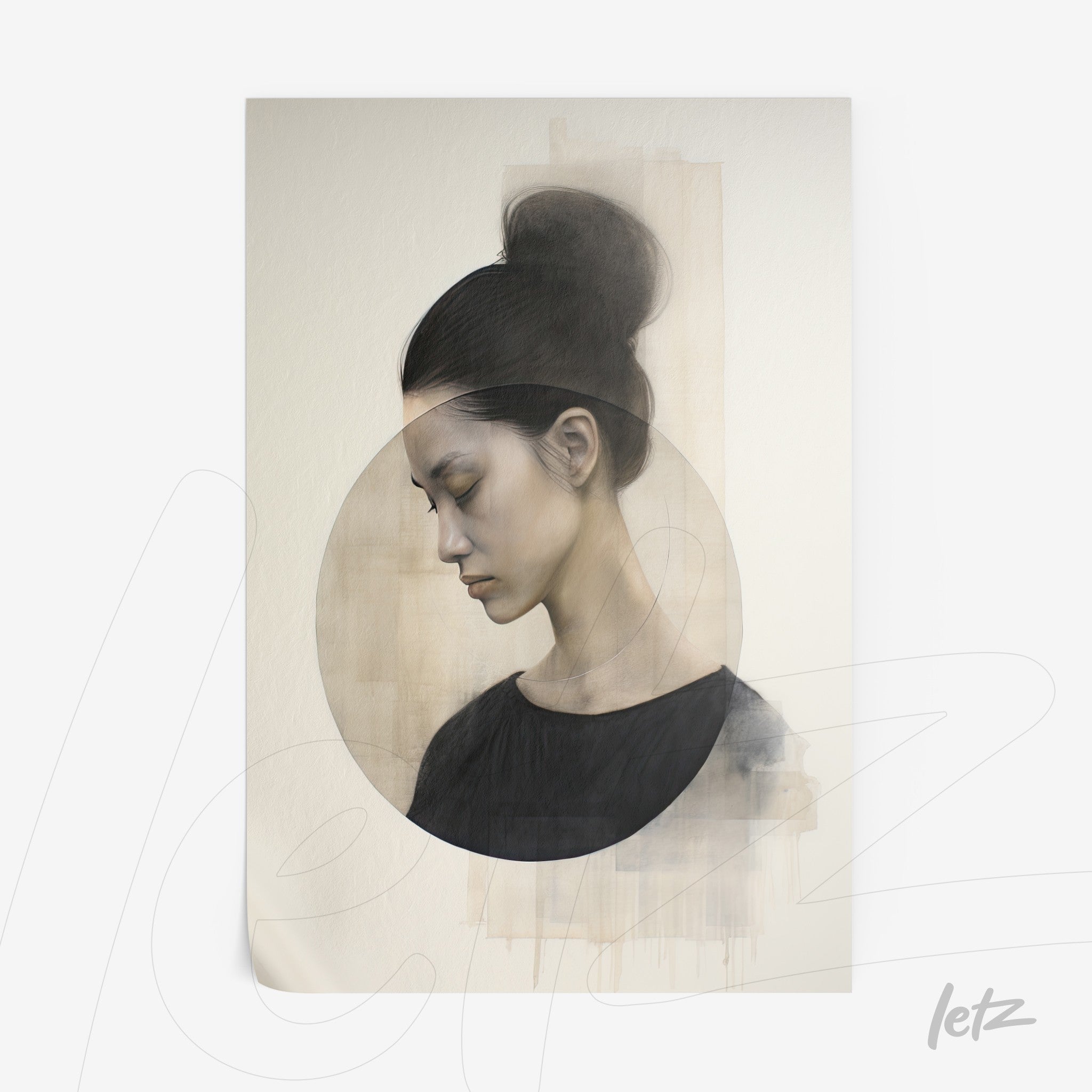 framed artwork featuring a female portrait in neutral tones, showcasing a side profile with a circle around the head and soft background