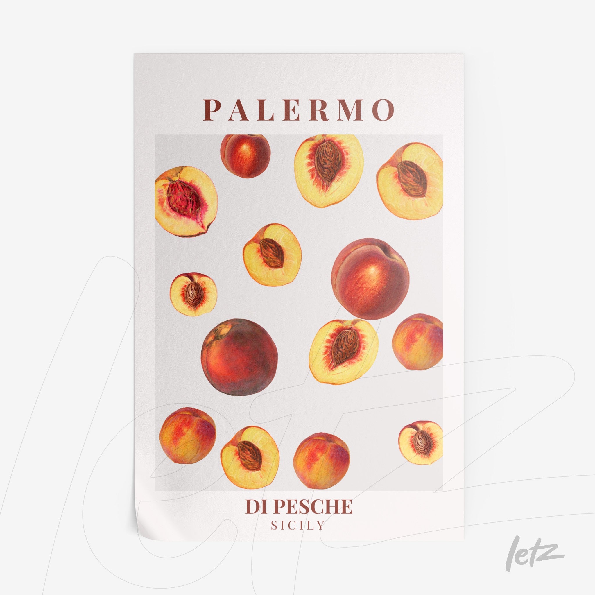 framed wall art featuring peaches on a white background with the title 'Palermo' in bold red letters
