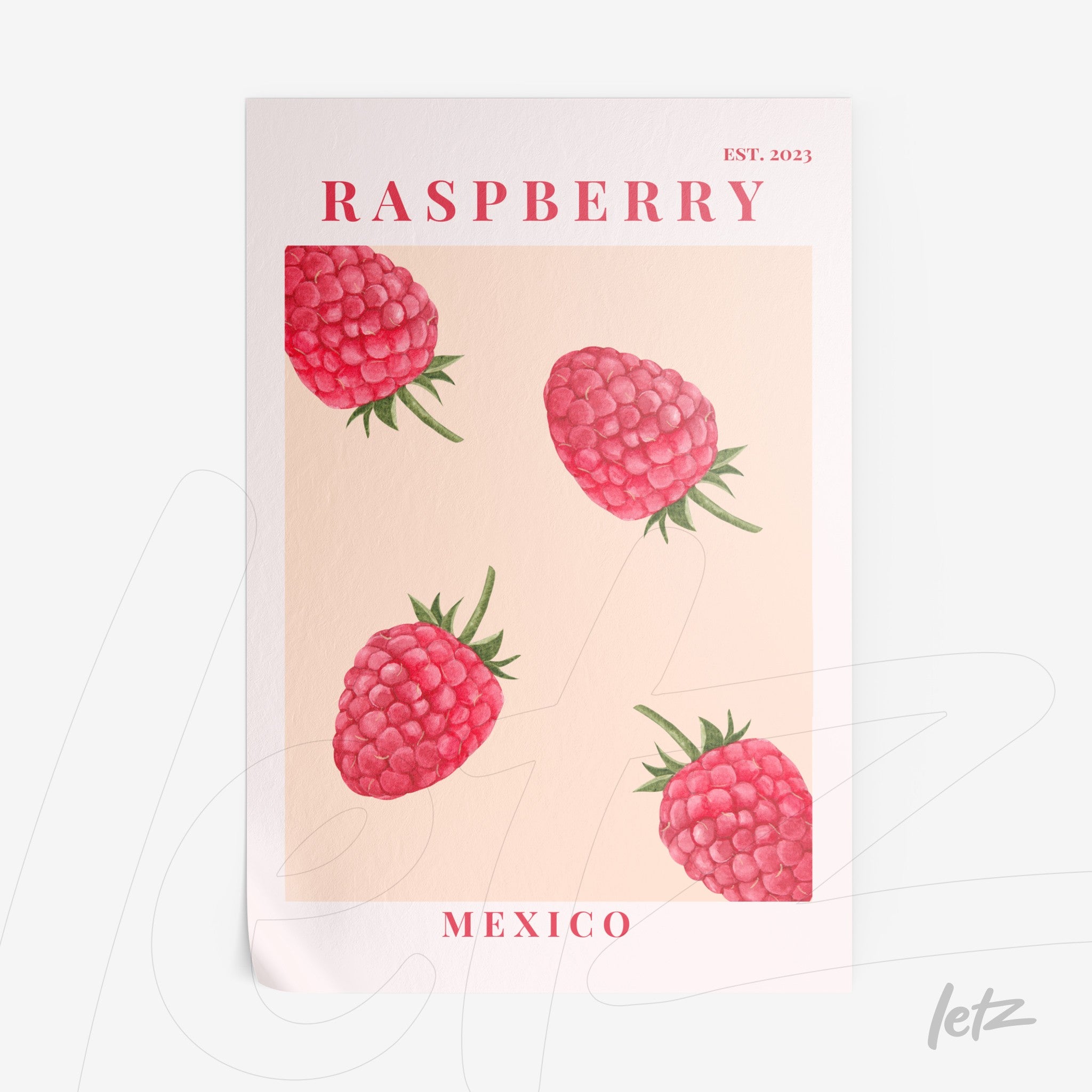 poster print featuring raspberry illustrations on a pale background, with the title 'RASPBERRY' in red and the location 'MEXICO' at the bottom