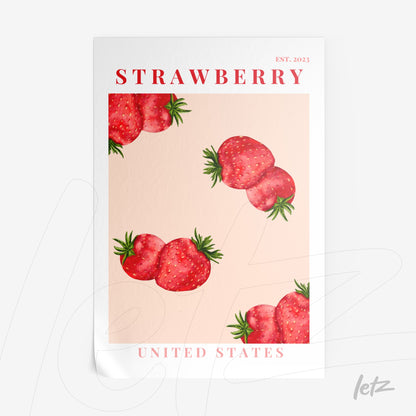 poster print featuring vibrant strawberry illustration on light pink background with red text overlay
