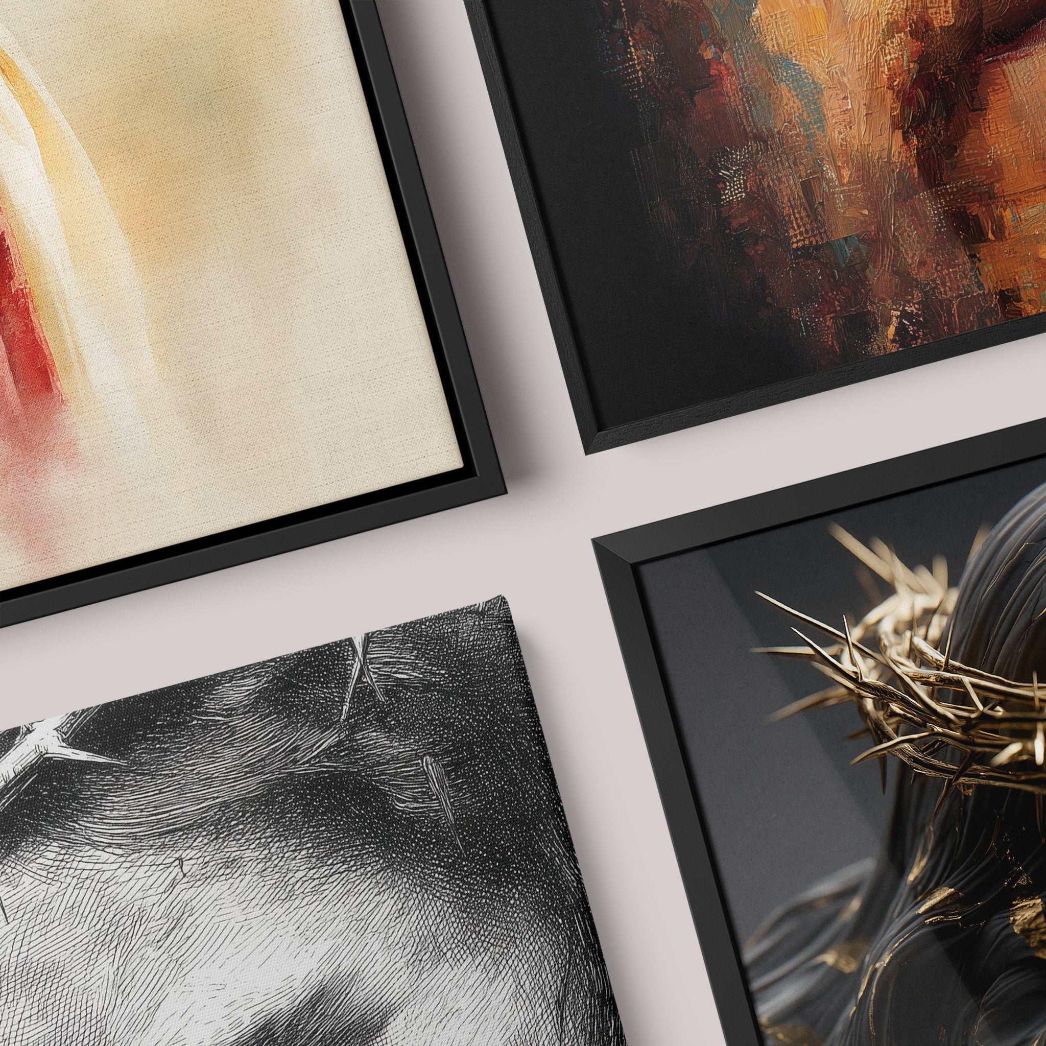 composição de quadros em molduras pretas com representações artísticas de Jesus, incluindo uma imagem em tons quentes, uma interpretação em preto e branco, e outra com elementos de textura