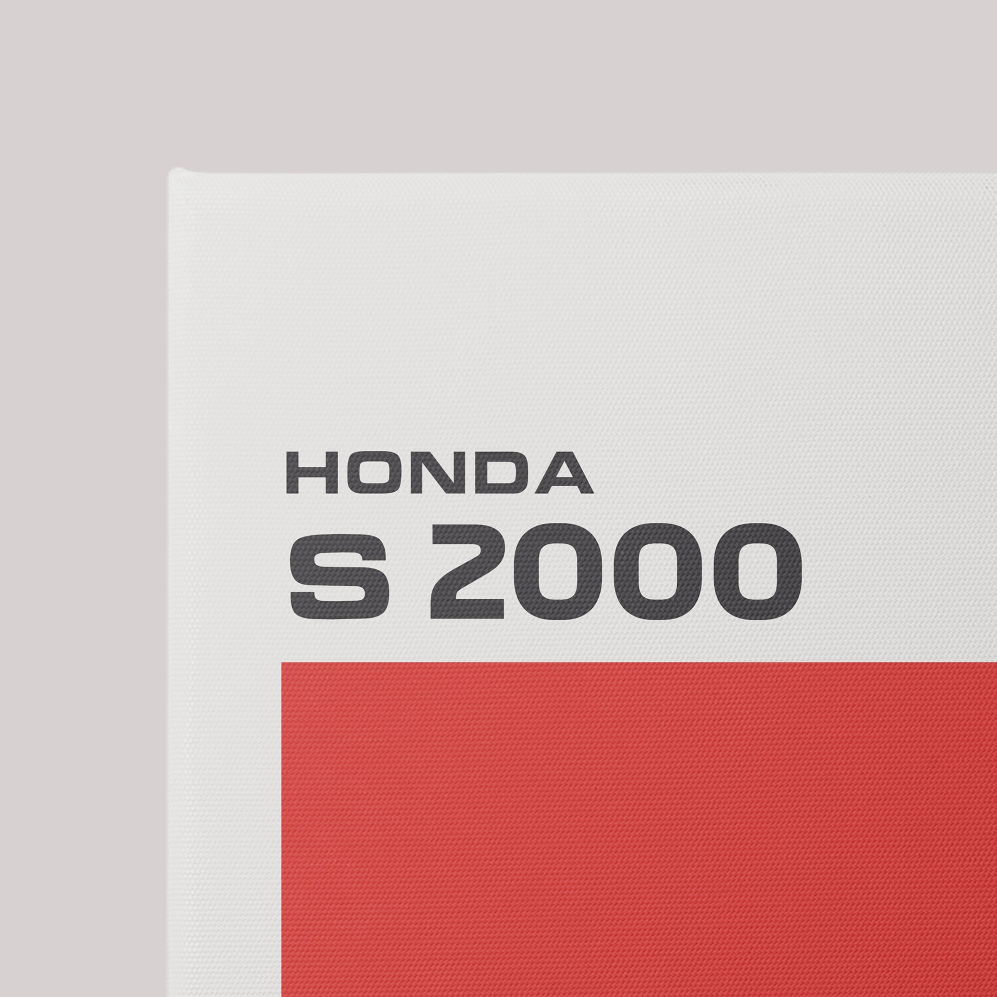 quadro em canvas com arte simples do carro Honda S2000 em fundo vermelho, com texto em destaque, apresentando acabamento em canvas