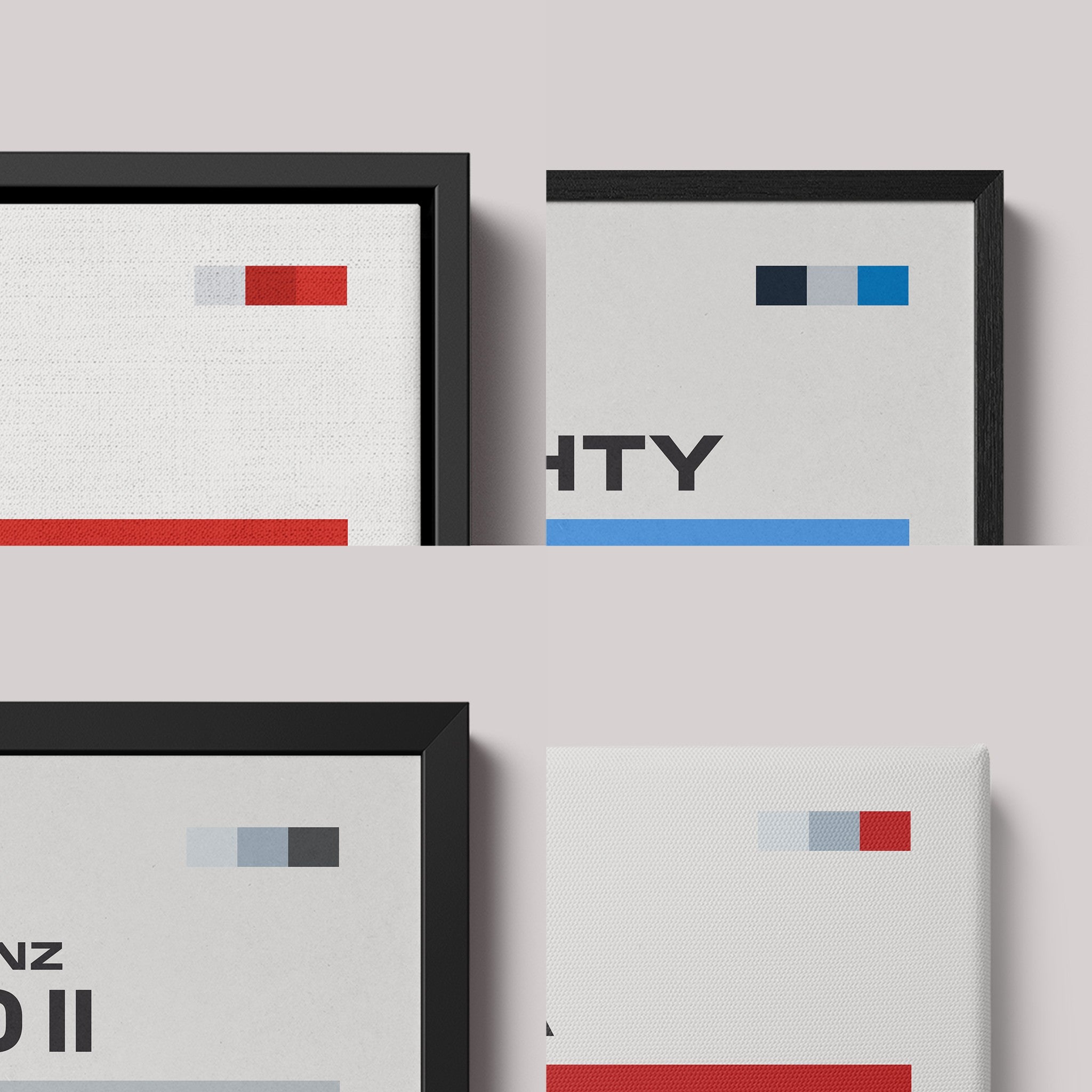 composição de quadros em canvas com molduras pretas, apresentando detalhes do design minimalista e texturas em fundo claro